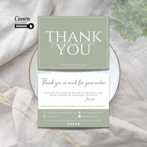 May include: A green thank you card with white text that says "Thank you for your purchase" and "www.yourwebsite.com". The card also includes a message that says "Thank you so much for your order. We hope you love it! We are so grateful for your support of our small business. Jennifer. Please enjoy 15% of your next order. Use code ISOFF at check out." The card also includes contact information, including an email address, phone number, and website address.
