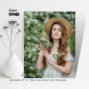 May include: A flyer advertising senior photo sessions. The flyer features a woman wearing a white dress and a straw hat, standing in front of a blooming tree. The text on the flyer reads "Senior Photo Sessions" and includes the website address "WWW.YOURWEBSITE.COM". The flyer also states that it includes 5" x 7" flyer and letter size formats.
