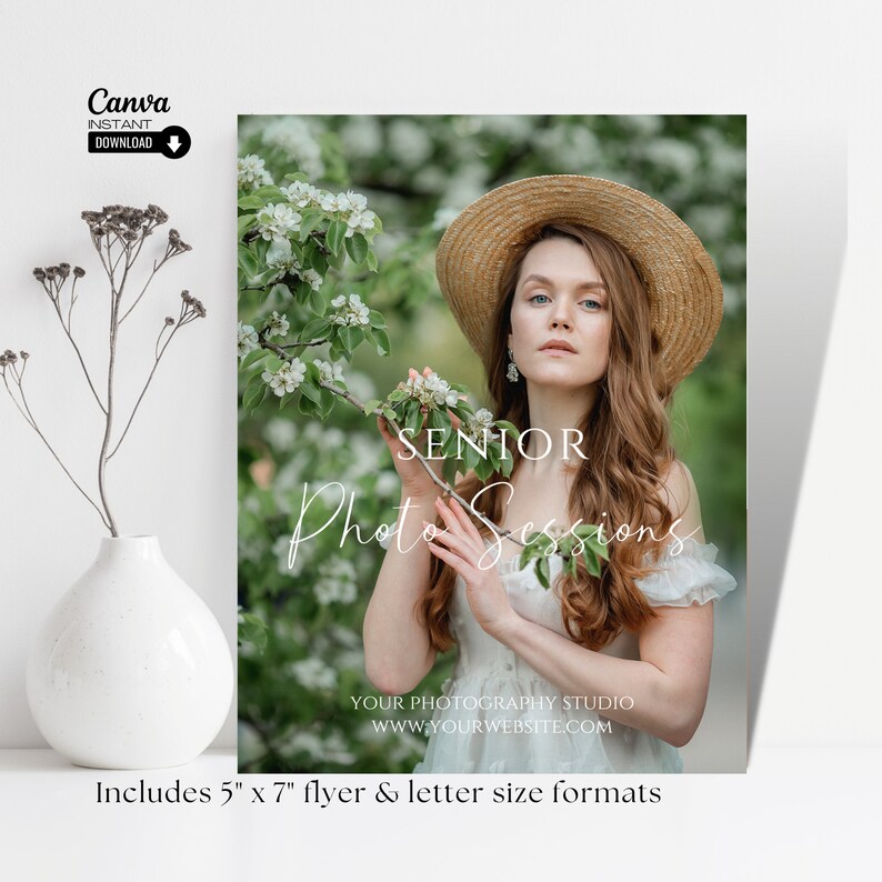 May include: A flyer advertising senior photo sessions. The flyer features a woman wearing a white dress and a straw hat, standing in front of a blooming tree. The text on the flyer reads "Senior Photo Sessions" and includes the website address "WWW.YOURWEBSITE.COM". The flyer also states that it includes 5" x 7" flyer and letter size formats.