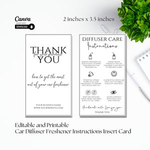 Plantilla editable de tarjeta de cuidado del difusor del automóvil, instrucciones imprimibles del producto ambientador del automóvil, guía del usuario del difusor de aceite, empaque para el cuidado del aroma del automóvil