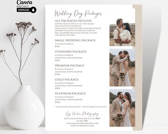 Plantilla editable de guía de precios de fotografía de bodas (Canva)