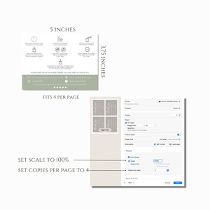 May include: A screenshot of a computer screen showing a print settings window. The window shows a preview of four copies of a thank you card with a floral design. The card is 5 inches by 3.75 inches. The print settings include options for paper size, orientation, copies per page, and scale to fit.