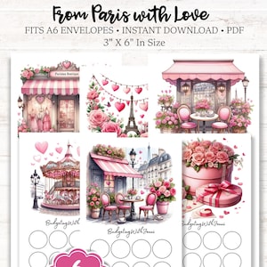 Puede incluir: Descarga digital de rastreadores de presupuesto con temática parisina. El diseño incluye ilustraciones de la Torre Eiffel, cafés y boutiques en tonos rosas. El texto dice "From Paris with Love" y "6 Blank Trackers". El tamaño es de 7,6 cm x 15,2 cm.