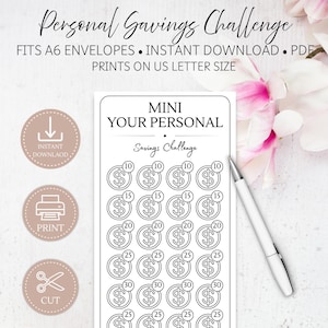 May include: A white rectangular savings challenge tracker with black text and graphics. It features rows of circles containing dollar signs and numerical values, with the text MINI YOUR PERSONAL Savings Challenge and Save $500 printed on the page.