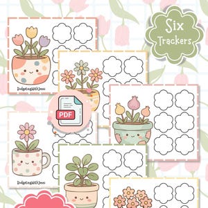 Könnte beinhalten: Ein Set aus sechs floralen Trackern, jeweils 8,89 x 7,62 cm, mit niedlichen Topfpflanzen mit lächelnden Gesichtern. Die Tracker enthalten Platz für Notizen und den Text "BudgetingWithJenni". Ein PDF-Symbol ist ebenfalls vorhanden, zusammen mit dem Text "Six Trackers".