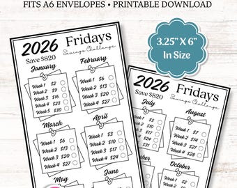 2026 Fridays Savings Challenge: Save 820 Dollars, Printable A6 Envelope Inserts (PDF Download)