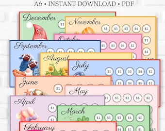 12 Month Savings Challenges ~ Gnome Savings Challenges ~ Save 45 Dollars Monthly ~ Low Income ~ Fits Inside A6 Envelopes ~ PDF