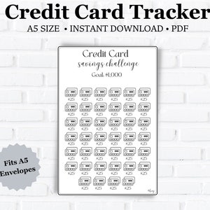 Desafío de ahorro con tarjeta de crédito A5 ~ Ahorre 1000 dólares ~ Cabe en sobres A5 ~ Se imprime en papel tamaño carta ~ PDF