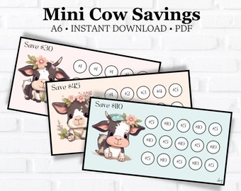 Mini Cow Savings Challenges ~ Save 30, 45 & 110 Dollars ~ Low Budget ~ Fits A6 Envelopes ~ PDF