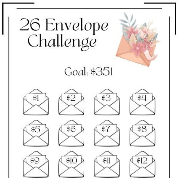 A7 Envelope Savings Challenge ~ 26 Envelopes Savings Challenge ~ Save 351 Dollars ~ Low Budget ~ Fits A7 Envelope ~ PDF