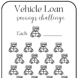 以下が含まれることがあります： 「Vehicle Loan savings challenge」というテキストが書かれた白黒の印刷可能なワークシート。ワークシートには、36台の車のアイコンがグリッド状に配置されており、各車のアイコンの上に「LOAN」という単語が書かれています。ワークシートには、ユーザーが各ローンの金額と総返済金額を記入するための空欄が2つあります。