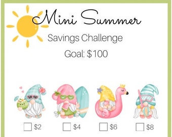 Gnomes Summer Savings Challenge ~ Mini Summer Savings Challenge ~ Save 100 Dollars ~ Low Income ~ Fits Inside A6 Envelopes ~ PDF