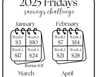 2025 Fridays Savings Challenge ~  Save 720 or 841 Dollars ~ Low Budget ~ Fits Inside A6 Envelopes ~ Size is 3 X 6 Inches ~ PDF