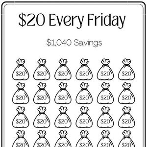 Mini Savings Challenge ~ Save 20 Dollars Every Friday Challenge ~ Save 1040 Dollars ~ Fits A6 Envelope ~ PDF ~ Printable