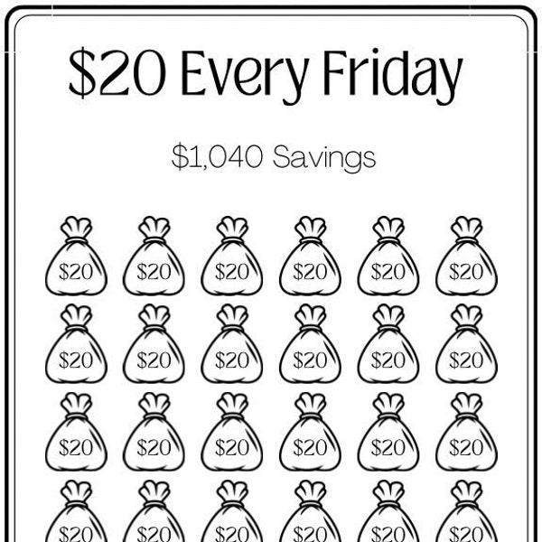 Mini Savings Challenge ~ Save 20 Dollars Every Friday Challenge ~ Save 1040 Dollars ~ Fits A6 Envelope ~ PDF ~ Printable