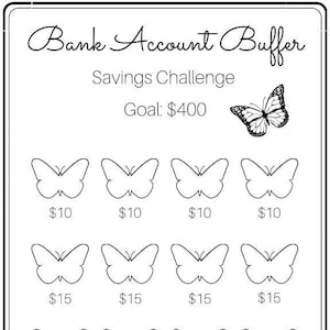 Puede incluir: Un gráfico de desafío de ahorro imprimible en blanco y negro con un tema de mariposa. El gráfico tiene un objetivo de 400 € e incluye diferentes cantidades para ahorrar, como 10 €, 15 €, 20 €, 25 € y 30 €. El gráfico está diseñado para ayudar a las personas a ahorrar dinero y alcanzar sus objetivos financieros.