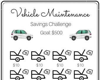 May include: A black and white illustration of a car with the hood open. The illustration is repeated 20 times with different dollar amounts below each image. The amounts are $10, $15, $20, and $25. The text "Vehicle Maintenance Savings Challenge Goal: $500" is at the top of the image. The text "@BWJ" is at the bottom of the image.