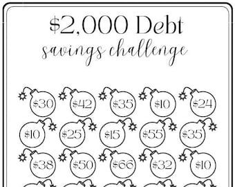 May include: A black and white printable chart with a savings challenge theme. The chart features a grid of 30 circles, each containing a dollar amount. The circles are designed to look like bombs with a lit fuse. The title of the chart is "$2,000 Debt savings challenge".