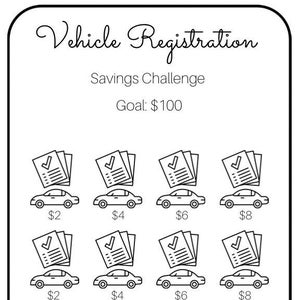 Vehicle Registration Savings Challenge ~ Car Registration Savings Challenge ~ Save 100 Dollars ~ Low Budget ~ Fits Inside A6 Envelopes ~ PDF