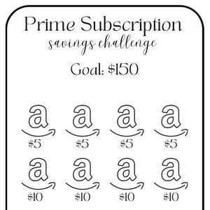 Puede incluir: Un gráfico imprimible en blanco y negro con el logotipo de Amazon y el texto "Prime Subscription savings challenge" y "Objetivo: 150 €". El gráfico está dividido en 16 cuadrados, cada uno con una cantidad de dinero diferente. Las cantidades son 5 € y 10 €. El gráfico está diseñado para ayudar a las personas a ahorrar dinero en su suscripción a Amazon Prime.