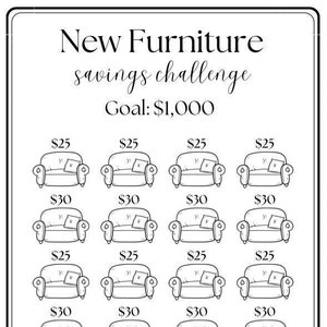 Puede incluir: Un gráfico de desafío de ahorro imprimible en blanco y negro con un objetivo de 1.000 €. El gráfico presenta un icono de sofá para cada cantidad a ahorrar, con cantidades que van desde 20 € hasta 45 €.