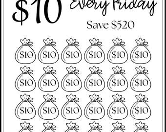 10 Dollars Every Friday: Save 520 Dollars, Printbale A6 Envelope Insert (PDF)
