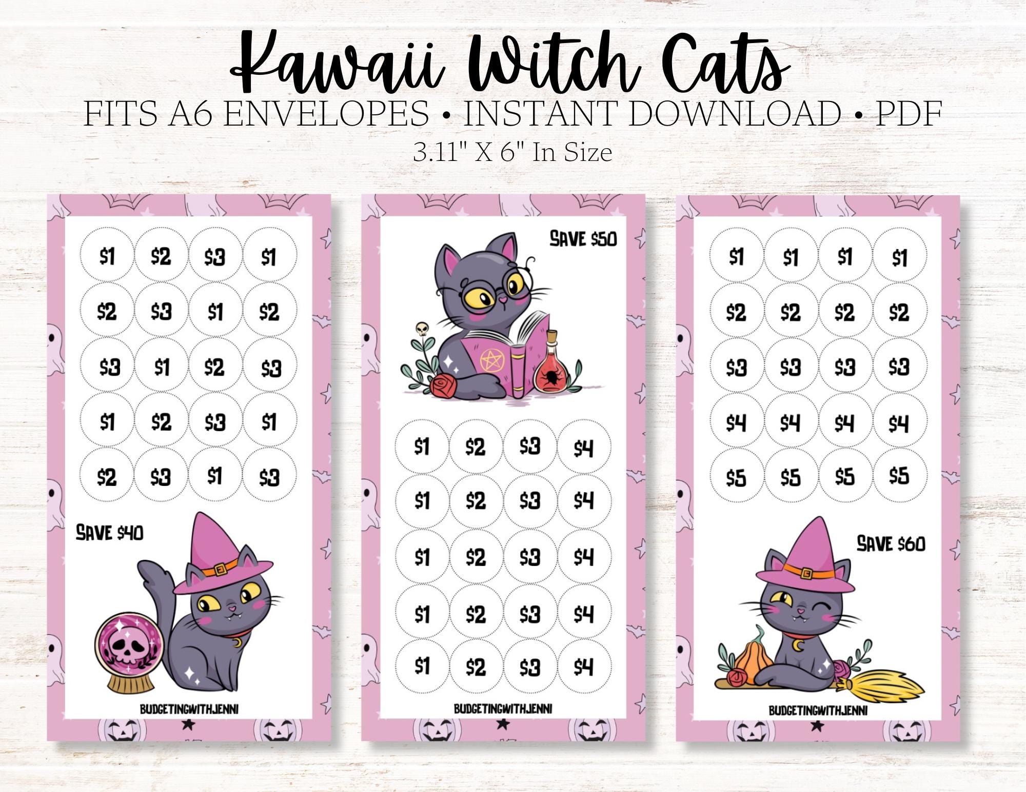 Kawaii Witch Cats Savings Challenges ~ Save 40, 50 & 60 Dollars ~ Low Budget ~ Fits Inside A6 Envelopes ~ PDF