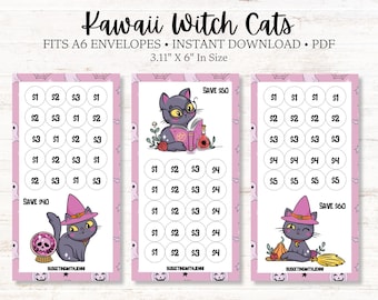 Kawaii Witch Cats Savings Challenge: A6  Envelope Inserts (PDF Download)