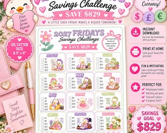 NEW* 2027 Fridays Savings Challenge: Save 829 Dollars, Printable US Letter (Digital Download)