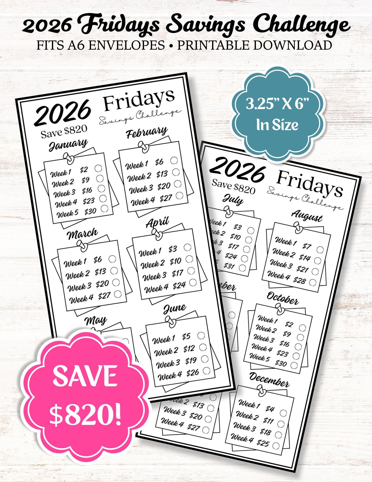 2026 Fridays Savings Challenge: Save 820 Dollars, Printable A6