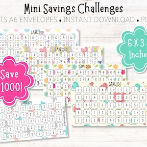 May include: A set of mini savings challenges in various designs, suitable for A6 envelopes. The challenges feature floral and bunny motifs, with savings goals from £100 to £1000. The size is approximately 15.24 x 7.9 cm.