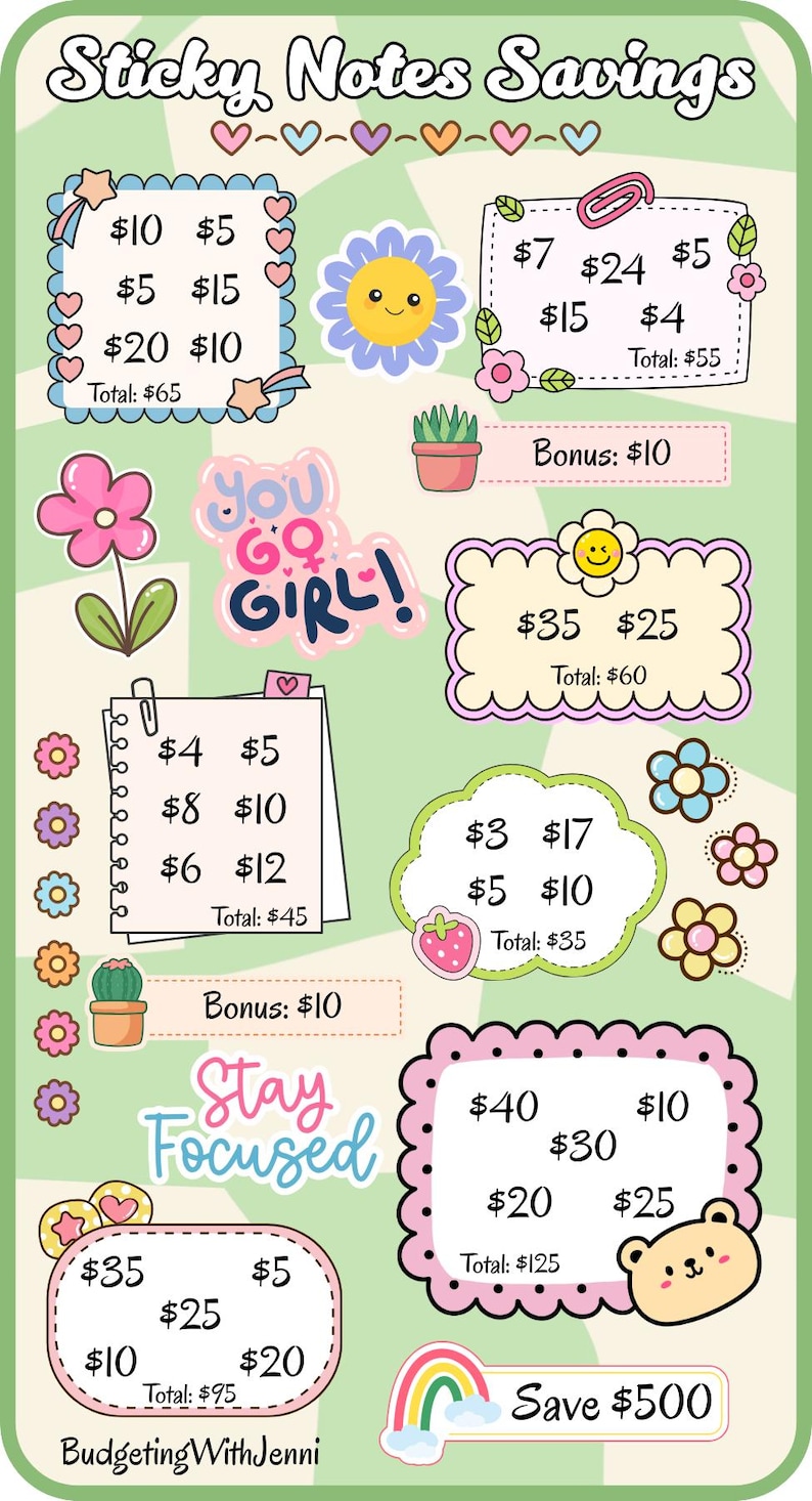 Sticky Notes Savings Challenges: Save 750 Dollars, Printable A6 Envelope Inserts (PDF) image 4