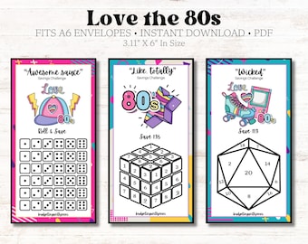 Love the 80s Savings Challenges ~ Roll & Save, Save 113 and 135 Dollars ~ Low Budget ~ Fits Inside A6 Zipper Envelopes ~ PDF