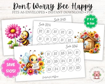 Don't Worry Bee Happy Savings Challenges: Save 105 Dollars, A6 Budgeting Printable (PDF)