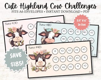 Mini Cow Savings Challenges ~ Save 30, 45 & 110 Dollars ~ Low Budget ~ Fits A6 Envelopes ~ PDF
