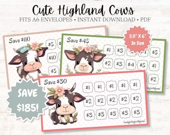Highland Cows Savings Challenges: Fits Inside A6 Budget Envelopes (PDF Download)