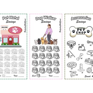 May include: Three colorful savings trackers for pet-related expenses. The first shows a pet hotel with paw print signage. The second depicts a dog walker with multiple dogs. The third features pet accessories, including a collar, toys, and a carrier.