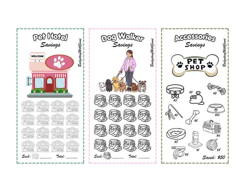 May include: Three colorful savings trackers for pet-related expenses. The first shows a pet hotel with paw print signage. The second depicts a dog walker with multiple dogs. The third features pet accessories, including a collar, toys, and a carrier.