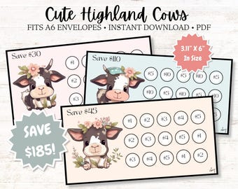 Mini Cow Savings Challenges ~ Save 30, 45 & 110 Dollars ~ Low Budget ~ Fits A6 Envelopes ~ PDF