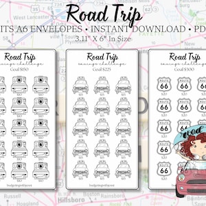 May include: Printable digital download of three road trip savings challenge trackers. The first tracker features a Polaroid camera design with a goal of $150. The second tracker features a vintage car design with a goal of $225. The third tracker features a Route 66 sign design with a goal of $300.