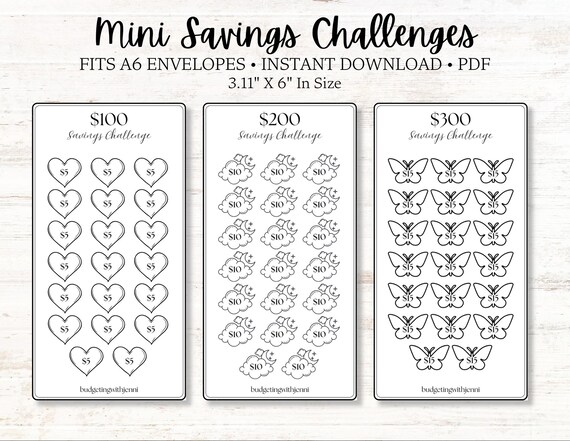 Mini Savings Challenges: Save 100, 200 and 300 Dollars, A6 Cash Envelope Inserts (PDF)