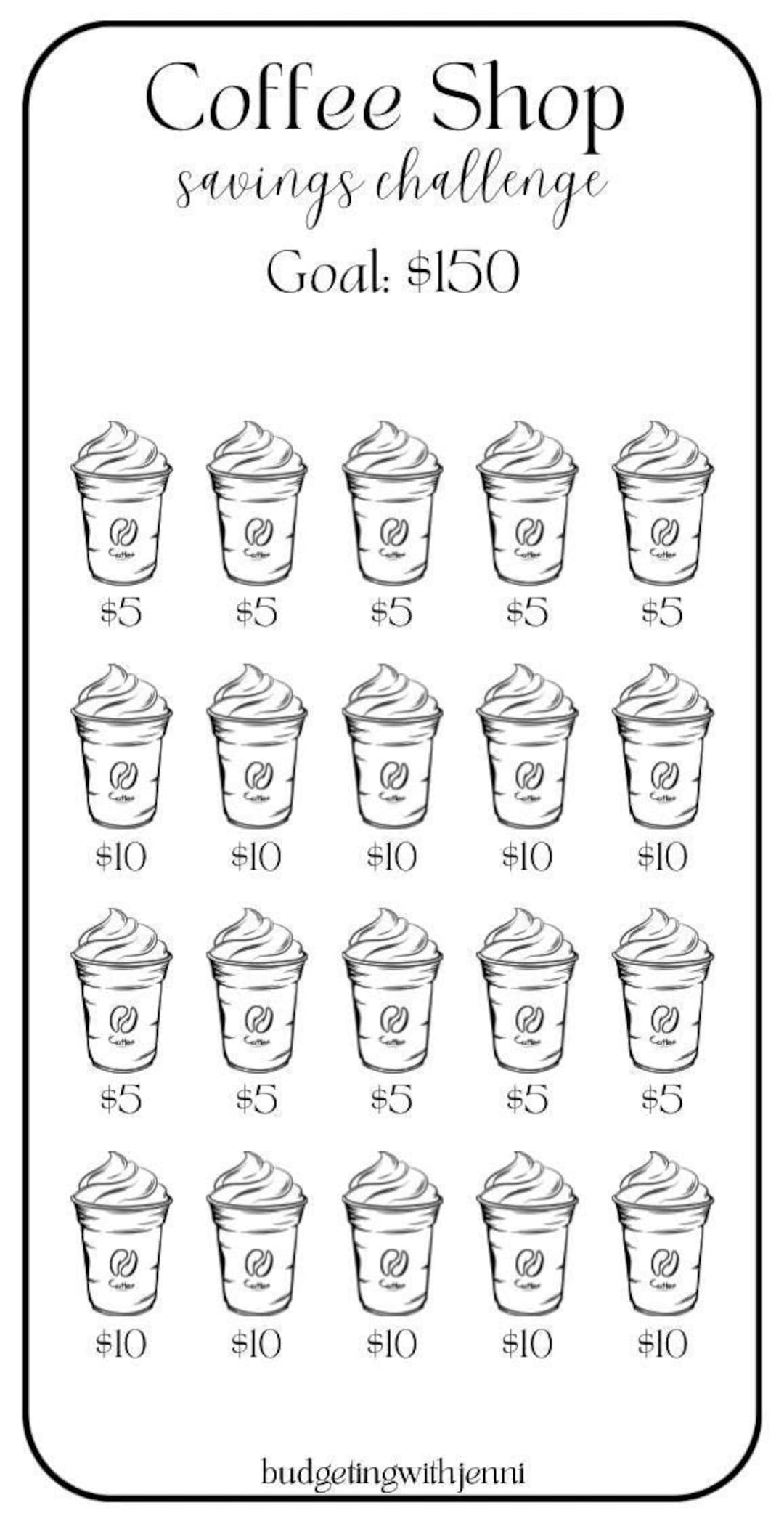 savings challeng スクエア スイーツ Nj_saving Coffee Shop Savings Challenge: Save 150 Dollars, Printable A6