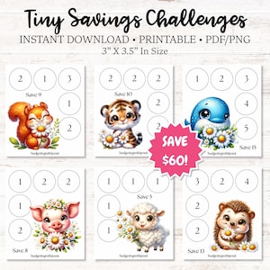 Può includere: Sfide di risparmio stampabili con adorabili illustrazioni di animali, tra cui uno scoiattolo, una tigre, un delfino, un maiale, un agnello e un riccio. Ogni carta misura 7,6 x 8,9 cm ed è progettata per il download immediato. Le carte hanno cerchi con numeri.