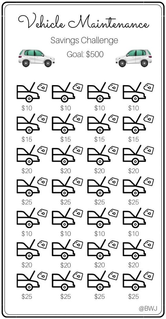 Vehicle Maintenance Savings Challenge ~ Save 500 Dollars ~ Low Budget ~ Fits Inside A6 Envelopes ~ PDF