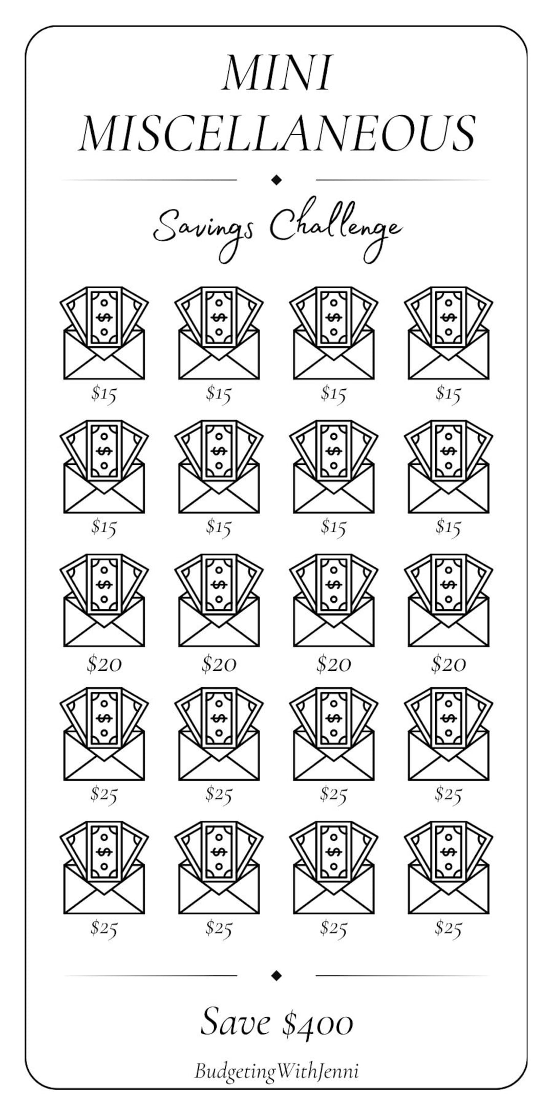 Miscellaneous Savings Challenge: Save 400 Dollars, Printable A6