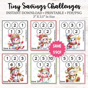 Può includere: Un set di sei schede stampabili "Tiny Savings Challenges", ognuna con un'illustrazione di pupazzo di neve. Le schede misurano 7,6 cm x 8,9 cm e sono disponibili per il download immediato. Le schede hanno diversi importi di risparmio, per un risparmio totale di $90.