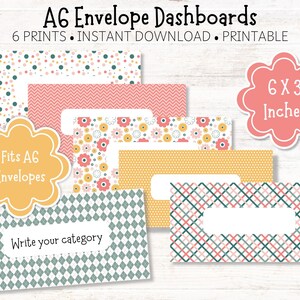 May include: A collection of six A6 envelope dashboards with various patterns, including polka dots, chevrons, floral, and diamond designs. Each dashboard has a white label area for category writing. The dashboards measure 6 x 3 inches and are designed to fit A6 envelopes.