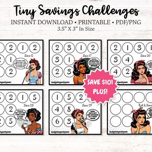 Könnte beinhalten: Sechs druckbare "Tiny Savings Challenges" mit Retro-Pin-up-Girl-Illustrationen. Jede Karte hat ein anderes Sparziel mit Zahlen zum Ausmalen. Die Karten sind 8,9 cm x 7,6 cm groß und stehen als Sofort-Download zur Verfügung.