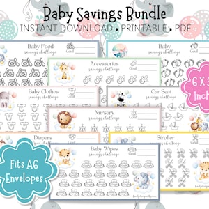 May include: A set of printable baby savings challenges, with illustrations of baby animals and items. The bundle includes challenges for baby food, clothes, and diapers. The text reads "Baby Savings Bundle" and "Fits A6 Envelopes". The dimensions are 15.24 x 7.9 cm.