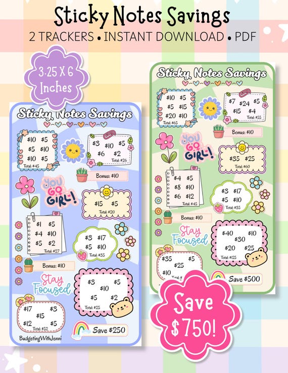 Sticky Notes Savings Challenges: Save 750 Dollars, Printable A6 Envelope Inserts (PDF)